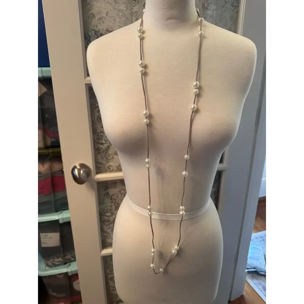 Grey Leather and Pearl Lariat Necklace Adjustable Leather Strap